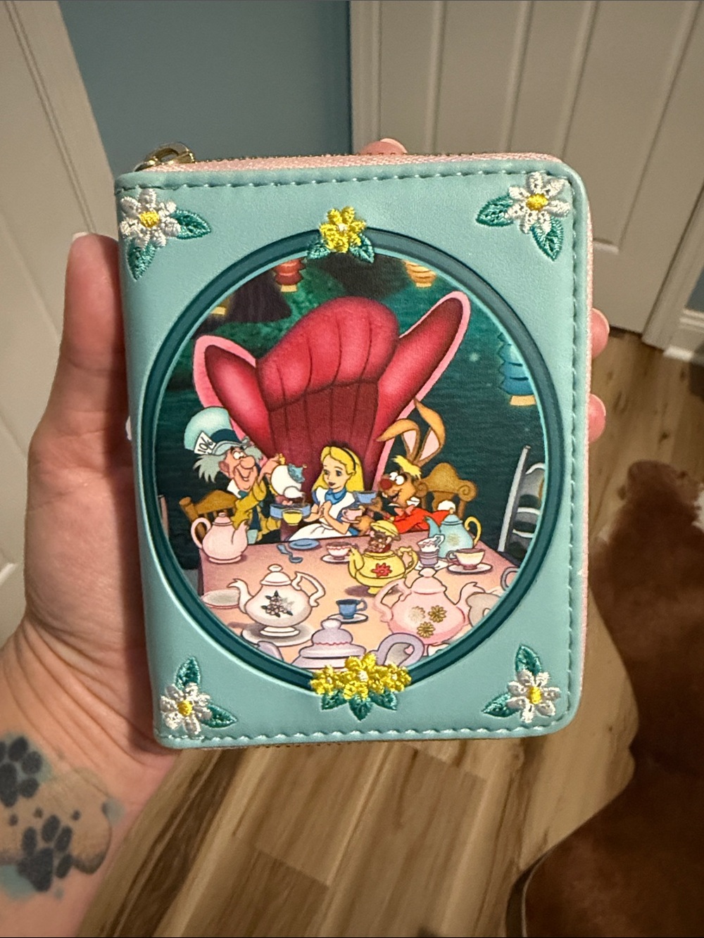 Loungefly Alice Tea Party Mint Blue Zip Wallet with Pink Trim - Picture 5 of 5